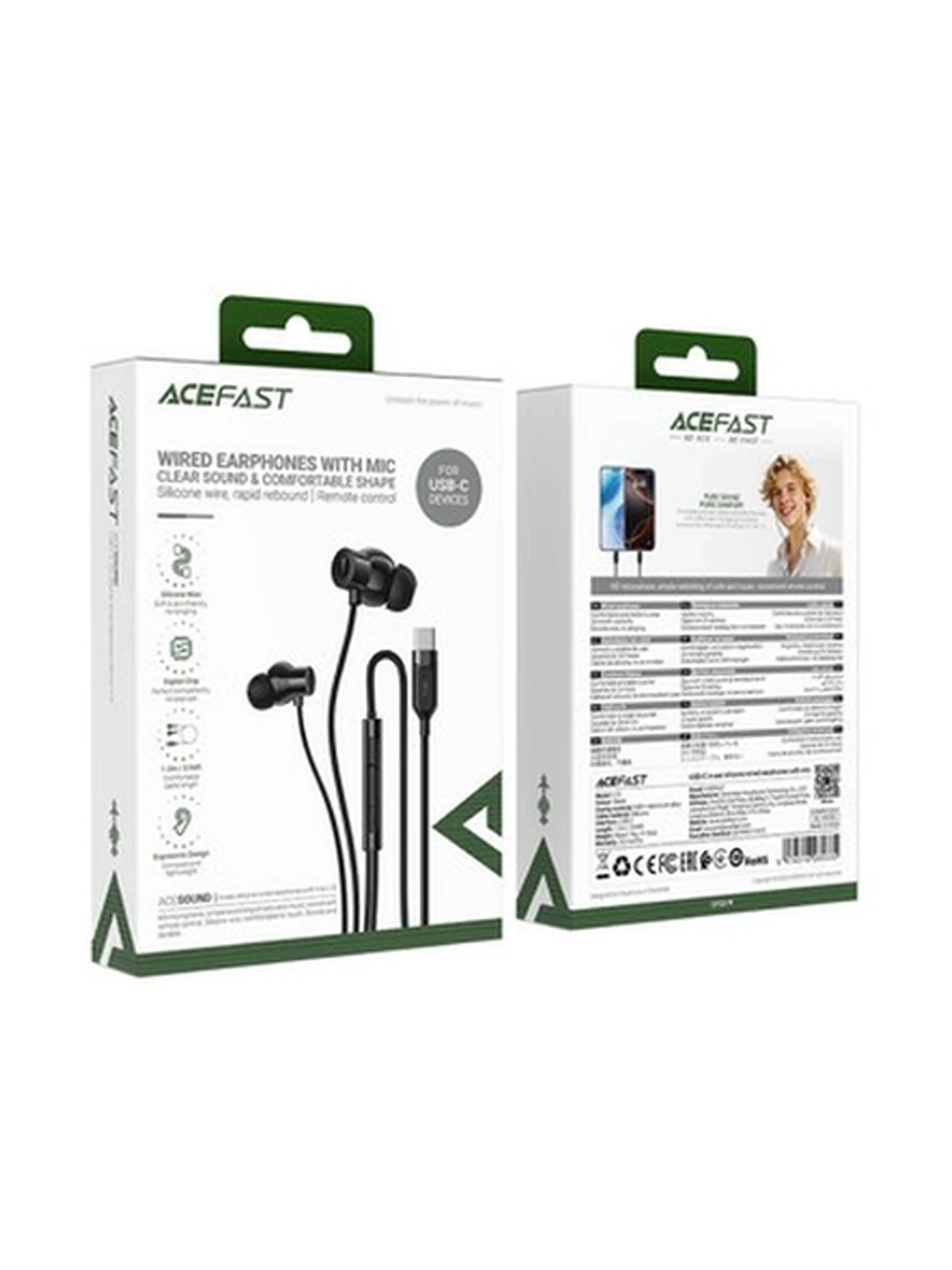 Наушники ACEFAST L10 USB-C in-ear silicone wired earphones with mic,black