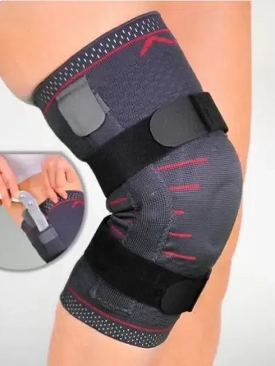 REF 703                                        Наколенник с силиконовой вставкой для поддержки чашечки , боковыми металическими шарнирными  вставками и лентами усилителями.