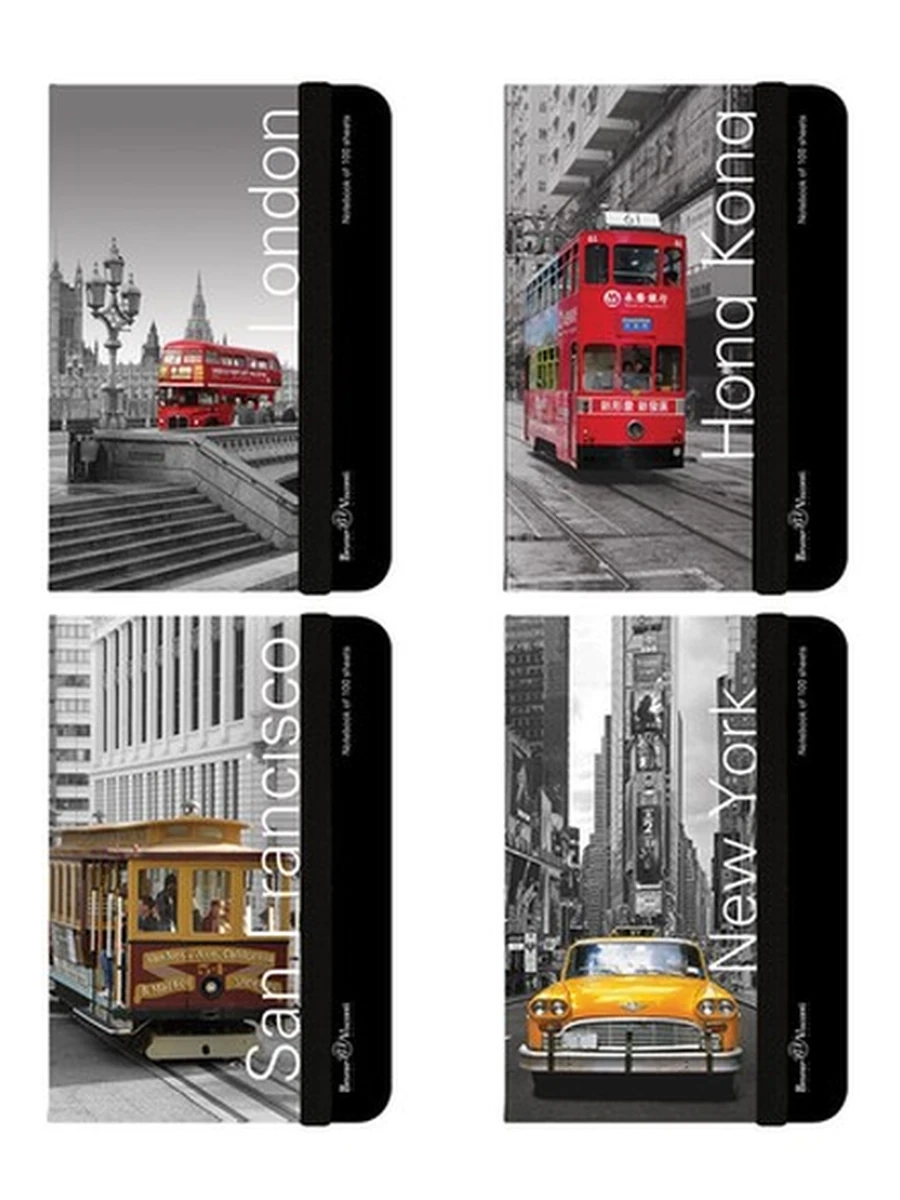 ЗАПИСНАЯ КНИЖКА "MEGAPOLIS JOURNAL" А6, 100 Л.  НА РЕЗИНКЕ (ГОРОДА) 4 ВИДА, КЛЕТКА